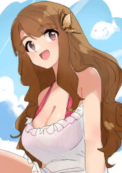 Rule 34 | 1girl, :d, bare shoulders, bikini, blue sky, blush, breasts, brown eyes, brown hair, butterfly hair ornament, cleavage, cloud, collarbone, dress, fish, frilled dress, frills, hair ornament, highres, idolmaster, idolmaster million live!, idolmaster million live! theater days, kakuanko, long hair, looking at another, medium breasts, miyao miya, open mouth, red bikini, sky, sleeveless, sleeveless dress, smile, solo, swimsuit, thick eyebrows, white dress