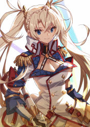 Rule 34 | 1girl, blonde hair, blue eyes, bradamante (fate), bradamante (second ascension) (fate), braid, breasts, buttons, cleavage, cleavage cutout, closed mouth, clothing cutout, commentary request, elbow gloves, energy barrier, energy shield, epaulettes, fate/grand order, fate (series), french braid, gauntlets, gloves, jacket, leotard, long hair, looking at viewer, photoshop (medium), popped collar, saitou masatsugu, scepter, simple background, smile, solo, twintails, uniform, very long hair, weapon, white background, white gloves, white jacket