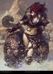 Rule 34 | 1girl, artist name, bayard wu, breasts, cleavage, curly hair, dated, facial mark, fur trim, legend of the cryptids, lipstick, long hair, makeup, midriff, mountain, navel, official art, red hair, scar, slit pupils, snow, snow leopard, snowing, solo, watermark, web address