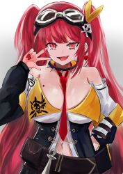 Rule 34 | 1girl, belt, belt buckle, breasts, buckle, chain, choker, cleavage, collared shirt, cygames, ear piercing, earrings, fingernails, goggles, goggles on head, hair ornament, hand on own hip, harekaz, heart, heart earrings, highres, jewelry, long hair, medium breasts, mole, mole on breast, nail polish, navel, necktie, off-shoulder shirt, off shoulder, piercing, puffy sleeves, red eyes, red hair, ribbon, shadowverse, shirt, single earring, skull hair ornament, sleeves past wrists, smile, spikes, tidal gunner (shadowverse), twintails, very long hair