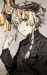 Rule 34 | 1boy, absurdres, black nails, black sweater, braid, cigarette, closed mouth, commentary request, ear piercing, earrings, fingernails, grey background, grey hair, hand up, highres, hiranko, holding, holding cigarette, horn ornament, horns, jewelry, long sleeves, male focus, nail polish, original, piercing, sharp fingernails, slit pupils, smoke, smoking, solo, sweater, upper body, yellow eyes