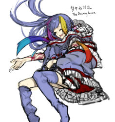 Rule 34 | 1girl, blue dress, blue footwear, blue hair, boots, character name, closed eyes, dress, hood, hood down, hooded dress, lobotomy corporation, long hair, long sleeves, multicolored hair, nishikujic, open mouth, personification, project moon, saliva, sharp teeth, sidelocks, simple background, smile, solo, streaked hair, teeth, the dreaming current, thigh boots, very long hair, white background, wide sleeves
