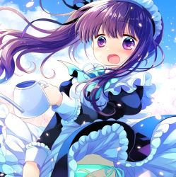 Rule 34 | 1girl, apron, black dress, blue bow, blue sky, blush, bow, brown hair, cloud, commentary request, day, dress, floating hair, frilled apron, frills, hair between eyes, holding, juliet sleeves, long hair, long sleeves, maid headdress, open mouth, original, outdoors, panties, puffy sleeves, purple eyes, sakurazawa izumi, side-tie panties, side ponytail, sky, solo, striped clothes, striped panties, sweat, underwear, very long hair, watering can, wavy mouth, white apron