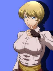 Rule 34 | 1girl, blonde hair, blood, blue eyes, breasts, earrings, fingerless gloves, gloves, highres, igatto, jewelry, king (snk), large breasts, ryuuko no ken, short hair, snk, solo, the king of fighters