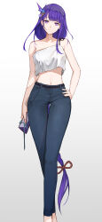 Rule 34 | 1girl, absurdres, alternate costume, bare arms, bare shoulders, blue pants, commentary request, crop top, crop top overhang, denim, feet out of frame, genshin impact, gradient background, grey background, hair ornament, head tilt, highres, jeans, k/a, long hair, looking at viewer, midriff, navel, pants, purple eyes, purple hair, raiden shogun, shirt, single-shoulder shirt, single strap, solo, spaghetti strap, standing, stomach, thighs, very long hair