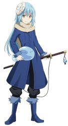 Rule 34 | 1other, androgynous, black pants, blue coat, blue footwear, blue hair, boots, closed mouth, coat, full body, fur boots, hair between eyes, holding, holding sword, holding weapon, katana, lizta, long hair, mask, mask on head, pants, rimuru tempest, sheath, sheathed, simple background, slime, smile, solo, standing, straight hair, sword, tensei shitara slime datta ken, weapon, white background, yellow eyes