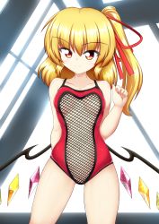 Rule 34 | 1girl, arm behind back, bare arms, bare shoulders, blonde hair, breasts, c:, casual one-piece swimsuit, collarbone, cowboy shot, crystal, fishnet swimsuit, fishnets, flandre scarlet, gluteal fold, hair ribbon, hand up, highres, indoors, kagayama hajime, long hair, looking at viewer, navel, one-piece swimsuit, one side up, red eyes, rei no pool, revealing clothes, ribbon, small breasts, smile, solo, standing, stomach, swimsuit, touhou, wings