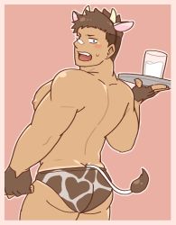 Rule 34 | 1boy, animal ears, animal print, aopanda, ass, back, bara, biceps, black eyes, blush, brown gloves, brown hair, brown male swimwear, brown swim briefs, buzz cut, cow ears, cow horns, cow print, cow tail, cowboy shot, cup, diadem, fang, fingerless gloves, from behind, gloves, gluteal fold, horns, huge ass, looking at viewer, looking back, male focus, male swimwear, milk, muscular, muscular male, nipples, no pants, open mouth, original, pectorals, plate, print male swimwear, print swim briefs, print swimsuit, short hair, solo, sweat, sweatdrop, swim briefs, swimsuit, tail, tan, tanline, thick arms, thick thighs, thighs, topless male, very short hair
