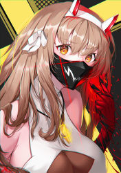 Rule 34 | 1girl, bare shoulders, black background, breasts, brown hair, cleavage, commentary, english commentary, gloves, hair ribbon, hairband, large breasts, long hair, looking at viewer, mask, mouth mask, orange eyes, original, red gloves, ribbon, sleeveless, solo, two-tone background, upper body, v, v-shaped eyebrows, white hairband, white ribbon, wookyung, yellow background