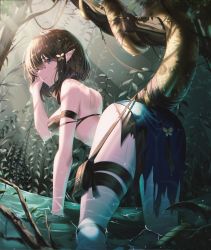 Rule 34 | 1girl, absurdres, ahoge, arknights, ass, bandeau, bare arms, bare shoulders, bent over, black hair, blue eyes, breasts, commentary, eunectes (arknights), fall (aki), forest, hand up, highres, looking at viewer, medium breasts, nature, outdoors, pointy ears, pouch, short hair, snake tail, solo, strapless, tail, thigh strap, thighs, tree, tube top
