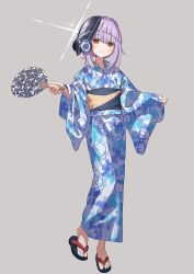 Rule 34 | 1girl, atsuko (blue archive), blue archive, blue kimono, blush, closed mouth, grey background, halo, hand fan, highres, holding, holding fan, japanese clothes, kimono, long hair, long sleeves, mask, mask on head, miyoshi nao (miyoshist), obi, paper fan, purple hair, red eyes, sandals, sash, simple background, smile, solo, toes, uchiwa, wide sleeves, zouri
