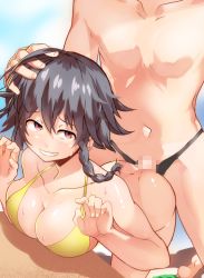 Rule 34 | 10s, 1boy, 1girl, ass, ayakumo, bare shoulders, bent over, bikini, bikini top only, black hair, bottomless, braid, breasts, brown eyes, censored, cleavage, collarbone, commentary request, dimples of venus, doggystyle, girls und panzer, green shorts, grin, hair between eyes, hand on another&#039;s head, hetero, imminent penetration, large breasts, looking back, mosaic censoring, parted lips, pepperoni (girls und panzer), sex, sex from behind, shiny skin, short hair, shorts, shorts around one leg, side braid, smile, solo focus, sweat, swimsuit, teeth, vaginal, yellow bikini