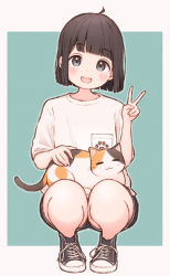 Rule 34 | 1girl, 1ssakawaguchi, absurdres, ahoge, animal, animal on lap, black hair, bob cut, cat, highres, looking at viewer, on lap, open mouth, original, petting, shoes, short hair, short shorts, shorts, smile, sneakers, solo, squatting, v