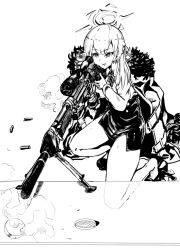 Rule 34 | 1girl, aru (blue archive), bare legs, bipod, blue archive, finger on trigger, full body, fur-trimmed jacket, fur trim, greyscale, gun, h&amp;k psg1, halo, horns, jacket, jamie leano, long sleeves, looking afar, monochrome, on one knee, pencil skirt, rifle, scope, simple background, skirt, smoke, smoking barrel, sniper rifle, solo, weapon, white background