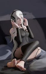 Rule 34 | 1girl, absurdres, android, armlet, artist name, asymmetrical legwear, bare shoulders, barefoot, black nails, black shorts, black tank top, black thighhighs, breasts, closed eyes, closed mouth, contemporary, detached sleeves, feet, hair between eyes, headphones, highres, joints, listening to music, long hair, malphier, mole, mole under mouth, nail polish, nier (series), nier:automata, robot joints, shorts, single thighhigh, solo, tank top, thighhighs, toenail polish, toenails, white hair, a2 (nier:automata)