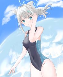 Rule 34 | 1girl, animal ear fluff, animal ears, black one-piece swimsuit, blue archive, blue eyes, blue sky, cloud, competition swimsuit, covered navel, cross hair ornament, extra ears, grey hair, hair ornament, halo, highres, looking at viewer, medium hair, mismatched pupils, multicolored clothes, multicolored swimsuit, neru shiba, one-piece swimsuit, shiroko (blue archive), shiroko (swimsuit) (blue archive), sky, solo, standing, swimsuit