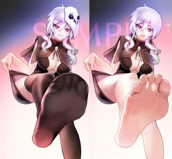Rule 34 | 1girl, barefoot, black thighhighs, feet, long hair, looking at viewer, open mouth, original, red eyes, silver hair, soles, thighhighs, toes