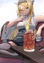 Rule 34 | 1girl, absurdres, black skirt, blonde hair, blue eyes, blurry, breasts, collared shirt, commentary request, couch, depth of field, dress shirt, drink, grey thighhighs, headgear, highres, jacket, unworn jacket, kantai collection, large breasts, long hair, military uniform, nelson (kancolle), panda (heart sink), pencil skirt, shirt, sitting, skirt, sleeveless, sleeveless shirt, solo, spoon, thighhighs, uniform, white shirt