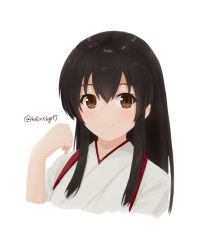 Rule 34 | 1girl, akagi (kancolle), bad id, bad pixiv id, black hair, brown eyes, closed mouth, cropped torso, eyebrows hidden by hair, hair between eyes, hand up, hoshino kagari, japanese clothes, kantai collection, kimono, long hair, looking at viewer, simple background, smile, solo, twitter username, upper body, white background, white kimono