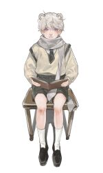 Rule 34 | 1boy, aged down, animal ears, axis powers hetalia, bear ears, between legs, black footwear, black necktie, black shorts, book, chair, child, closed mouth, extra ears, frown, full body, grey hair, highres, holding, holding book, long sleeves, looking at viewer, male focus, necktie, open book, purple eyes, russia (hetalia), scarf, shirt, shoes, short hair, shorts, simple background, sitting, socks, solo, suspender shorts, suspenders, sweater, uka402, white background, white shirt, white socks