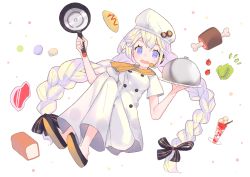 Rule 34 | 1girl, absurdres, ascot, bad id, bad pixiv id, blue eyes, boned meat, braid, bread, buttons, chef, chef hat, cio hakatano, commentary, double-breasted, floating, food, frying pan, hair ornament, hair tie, hands up, hat, headset, highres, holding, holding frying pan, holding tray, ice cream, kizuna akari, knees up, lettuce, long hair, macaron, meat, omelet, omurice, open mouth, orange ascot, pants, serving dome, smile, solo, sundae, tomato, tray, twin braids, very long hair, voiceroid, white background, white hair, white pants, white uniform
