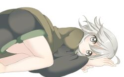 Rule 34 | 1other, ahoge, androgynous, black shirt, black shorts, brown coat, closed mouth, coat, green trim, grey eyes, grey hair, highres, houlen yabusame, layered sleeves, len&#039;en, long sleeves, lying, medium hair, on side, other focus, ougi hina, puffy short sleeves, puffy sleeves, shirt, short over long sleeves, short sleeves, shorts, simple background, solo, white background, wide sleeves