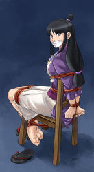 Rule 34 | 1girl, ace attorney, barefoot, bdsm, black hair, blue eyes, bondage, bound, bound ankles, bound arms, bound fingers, bound legs, bound wrists, breasts, capcom, feet, gag, gagged, highres, improvised gag, looking at viewer, lost one zero, maya fey, phoenix wright: ace attorney - spirit of justice, shoes, unworn shoes, sideboob, tape, tape bondage, tape gag, tied to chair