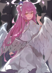Rule 34 | 1girl, absurdres, angel wings, blue archive, blush, capelet, dress, feathered wings, flower, from behind, hair bun, hair flower, hair ornament, halo, highres, long hair, looking at viewer, looking back, mika (blue archive), nagiushi, open mouth, pink hair, pink halo, purple flower, single side bun, smile, solo, white capelet, white dress, white wings, wings, yellow eyes