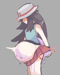 Rule 34 | 1girl, 1other, akurier, bare legs, bestiality, bloated belly, blue shirt, blush, brown hair, closed mouth, covered eyes, cowboy shot, creature inside, creatures (company), ditto, dripping, facing to the side, from side, game freak, gen 1 pokemon, grey background, hat, highres, inflation, japanese text, leaf (pokemon), long hair, looking down, nintendo, nose blush, open mouth, pleated skirt, pokemon, pokemon (creature), pokemon frlg, red skirt, shirt, simple background, size difference, skirt, smile, sweatdrop, trembling, white headwear