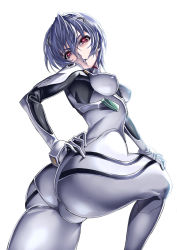 Rule 34 | 1girl, ass, ayanami rei, blue hair, bob cut, from below, hand on own ass, hand on own hip, hip focus, leg up, looking at viewer, looking down, narrow waist, neon genesis evangelion, plugsuit, red eyes, saburou (hgmg), short hair, simple background, skin tight, skindentation, solo, trefoil, white background, wide hips