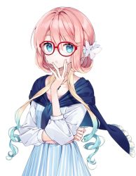 Rule 34 | 1girl, :o, blue eyes, butterfly hair ornament, collarbone, cowboy shot, dress, glasses, gradient hair, hair ornament, hand on own face, hand up, highres, jewelry, kitsune ncv, long hair, looking at viewer, mole, mole under mouth, multicolored hair, necklace, original, pink hair, red-framed eyewear, simple background, solo, white background