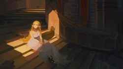 Rule 34 | 1girl, blonde hair, bracelet, closed mouth, commentary, dress, forehead, gladiator sandals, green eyes, highres, indoors, jewelry, lisa (mochii lisa), long hair, looking up, necklace, nintendo, pointy ears, princess zelda, sandals, shadow, sitting, sleeveless, sleeveless dress, solo, stairs, strapless, strapless dress, the legend of zelda, the legend of zelda: breath of the wild, very long hair, white dress