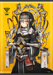 Rule 34 | 1girl, closed mouth, cyborg, extra arms, gia, grey hair, habit, hair between eyes, halo, highres, letterboxed, looking at viewer, mechanical arms, mechanical halo, nun, original, robe, short hair with long locks, signature, symbol-shaped pupils, tattoo, yellow background, yellow eyes
