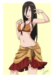 Rule 34 | 1girl, ;d, absurdres, armpits, bare arms, bikini, bikini top only, black hair, border, boruto: naruto next generations, bow, breasts, brown bikini, brown ribbon, cleavage, collarbone, front-tie bikini top, front-tie top, grey border, grey eyes, groin, hair between eyes, hair bow, highres, hyuuga hanabi, layered skirt, long hair, naruto (series), navel, one eye closed, open mouth, pink bow, red skirt, ribbon, signature, skirt, small breasts, smile, solo, standing, straight hair, swimsuit, v, very long hair, yellow background, zero024