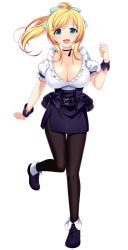 Rule 34 | 1girl, :d, alicia sewall, belt pouch, black footwear, black pantyhose, black skirt, blonde hair, blue bow, blue eyes, bow, breasts, cleavage, clenched hand, frills, full body, hair bow, hand up, large breasts, long hair, looking at viewer, official art, open mouth, pantyhose, patriarch xtasy, pencil skirt, ponytail, pouch, puffy short sleeves, puffy sleeves, short sleeves, skirt, smile, solo, standing, standing on one leg, transparent background, wrist cuffs