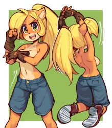 Rule 34 | 1girl, ahoge, animal nose, areola slip, arms up, ass, back, backboob, bad id, bad twitter id, blush, body fur, breasts, butt crack, clenched hand, coco bandicoot, covering privates, covering breasts, crash bandicoot (series), fingerless gloves, friendly mutton chops, furry, furry female, gloves, green background, green eyes, highres, kneeling, long hair, medium breasts, multiple views, navel, nose blush, outside border, ponytail, shoes, shorts, sneakers, standing, stretching, topless, wamudraws