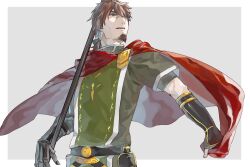 Rule 34 | 1boy, bags under eyes, belt, black belt, blue ribbon, border, brown hair, cape, facial hair, fate/grand order, fate (series), fingerless gloves, gauntlets, gloves, goatee, green tabard, green tunic, grey background, grey eyes, hector (fate), male focus, open mouth, polearm, red cape, ribbon, solo, sorabean, tabard, teeth, upper body, upper teeth only, weapon, white border