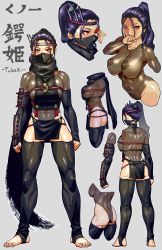 Rule 34 | 1girl, arm guards, arms at sides, ass, black thighhighs, bodysuit, character sheet, clenched hands, collarbone, covered navel, covering own mouth, english text, eyeshadow, from behind, gloves, grey background, hair slicked back, hand over own mouth, headband, high ponytail, highres, ichiren takushou, kneepits, long hair, looking at viewer, makeup, mask, midriff, mouth mask, ninja, ninja mask, original, pasties, pelvic curtain, purple hair, red eyes, red eyeshadow, scarf, shiny clothes, simple background, solo, stirrup legwear, thighhighs, thighs, toeless legwear, toned, translation request