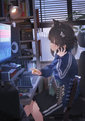 1girl animal_ear_fluff animal_ears audio_cable black_headphones black_shorts blue_jacket blush book bookshelf brown_eyes brown_hair cat_ears chair computer_keyboard desk electric_guitar extra_ears feet_out_of_frame guitar hair_between_eyes hand_up headphones headphones_around_neck highres hoji_(hooooooooji1029) holding holding_plectrum indoors instrument instrument_request jacket keyboard_(instrument) lamp long_sleeves monitor office_chair original picture_frame plant plectrum ponytail shorts sidelocks sitting solo speaker swivel_chair track_jacket window window_blinds