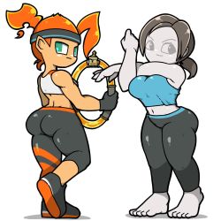 Rule 34 | 2girls, ass, barefoot, black footwear, black gloves, black hair, black pants, blue shirt, colored skin, crossover, fiery hair, from behind, gloves, green eyes, grey eyes, headband, highres, holding, hoop, long hair, looking at viewer, looking back, midriff, multiple girls, navel, nintendo, orange hair, pants, pointy ears, ponytail, ring-con, ring fit adventure, ring fit trainee, shirt, shoes, smile, standing, stretching, tank top, trait connection, white background, white shirt, white skin, wii fit, wii fit trainer, wii fit trainer (female), yoga pants