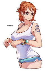 Rule 34 | 1girl, aosora2823, armpit crease, artist name, blue shorts, blush, bracelet, breasts, brown eyes, cleavage, commentary request, half updo, highres, jewelry, large breasts, nami (one piece), one piece, orange hair, shirt, short hair, short shorts, shorts, simple background, sleeveless, sleeveless shirt, solo, tank top, tattoo, white background, white shirt, white tank top
