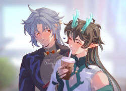 Rule 34 | 0strolist, 2boys, ^ ^, ahoge, antenna hair, black hair, black sleeves, blade (honkai: star rail), blurry, blurry background, bubble tea, chinese clothes, closed eyes, closed mouth, colored inner hair, cup, dan heng (honkai: star rail), dan heng (imbibitor lunae) (honkai: star rail), detached sleeves, dragon boy, dragon horns, drinking, drinking straw, earrings, eyeliner, fingerless gloves, gloves, green gloves, green horns, hair between eyes, heart, holding, holding cup, honkai: star rail, honkai (series), horns, jewelry, long hair, long sleeves, looking at another, male focus, multicolored hair, multiple boys, parted bangs, pectoral cleavage, pectorals, pointy ears, red eyeliner, single bare shoulder, smile, upper body, white hair, yaoi, yingxing (honkai: star rail)