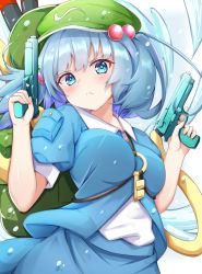 Rule 34 | 1girl, blue eyes, blue hair, blush, breasts, commentary request, frown, green hat, gun, hair bobbles, hair ornament, handgun, hat, holding, holding gun, holding weapon, kawashiro nitori, key, looking at viewer, medium breasts, pistol, rururiaru, short hair, short sleeves, solo, touhou, twintails, weapon