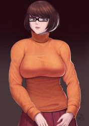 Rule 34 | 1girl, abs, absurdres, black-framed eyewear, bob cut, breasts, brown eyes, brown hair, glasses, highres, impossible clothes, impossible sweater, large breasts, lips, looking at viewer, midriff, multiple views, navel, orange sweater, pleated skirt, red eyes, red skirt, scooby-doo, short hair, skirt, speedl00ver, sweater, taut sweater, turtleneck, turtleneck sweater, velma dace dinkley