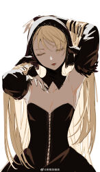 Rule 34 | 1girl, absurdres, armpits, bare shoulders, black collar, black dress, black hood, black sleeves, blonde hair, breasts, chinese commentary, cleavage, closed eyes, collar, collarbone, commentary request, cowboy shot, cross-laced clothes, cross-laced dress, detached sleeves, dress, dungeon meshi, duoj ji, eyelashes, fur-trimmed sleeves, fur trim, hair flowing over, hands in hair, high collar, highres, lace-trimmed collar, lace-trimmed hood, lace-trimmed sleeves, lace trim, long hair, long sleeves, lower teeth only, marcille donato, marcille donato (lord), open mouth, simple background, sleeves past wrists, small breasts, solo, spoilers, straight hair, strapless, strapless dress, teeth, very long hair, white background