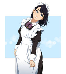 Rule 34 | 1girl, :d, bad id, bad pixiv id, black dress, black hair, blue background, bow, dress, freckles, juliet sleeves, long sleeves, maid, maid headdress, open mouth, original, parted bangs, puffy sleeves, purple bow, purple neckwear, simple background, skirt hold, smile, solo, standing, suzushiro (suzushiro333), two-tone background