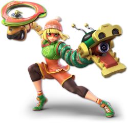 Rule 34 | 1girl, 3d, @ @, arms (game), beanie, black pantyhose, blonde hair, blouse, blunt bangs, clothes writing, domino mask, full body, green eyes, green shirt, hat, highres, leggings under shorts, legs apart, mask, min min (arms), nintendo, official art, orange hat, pantyhose, shirt, shoes, short hair, shorts, smile, sneakers, socks, solo, standing, super smash bros., transparent background