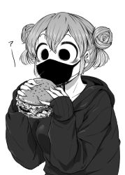 Rule 34 | 1girl, 4shi, burger, commentary request, dango-chan (4shi), double bun, food, greyscale, hair between eyes, hair bun, highres, holding, holding food, hollow eyes, jacket, long sleeves, looking at food, mask, monochrome, mouth mask, open mouth, original, short hair, simple background, sleeves past wrists, solo, upper body, when you see it, white background