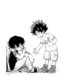 Rule 34 | 2boys, aged down, animal, animal hug, bags under eyes, boku no hero academia, child, dated, eye contact, fingernails, freckles, from side, greyscale, halftone, head down, hibaring, highres, knee up, leaning forward, looking at another, male focus, midoriya izuku, monochrome, multiple boys, open hand, outstretched arm, pants, parted lips, pocket, profile, sandals, shigaraki tomura, short hair, short sleeves, shorts, simple background, sitting, spoilers, standing, toeless footwear, twitter username, white background, wide-eyed