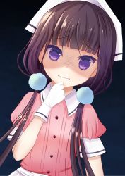Rule 34 | 1girl, absurdres, amasajithira, black background, black hair, blend s, blue background, blunt bangs, buttons, collared shirt, dutch angle, gloves, gradient background, grin, hand on own chin, hand up, head scarf, highres, long hair, looking at viewer, low twintails, pink shirt, pom pom (clothes), purple eyes, sakuranomiya maika, shaded face, shirt, short sleeves, smile, solo, twintails, upper body, white gloves
